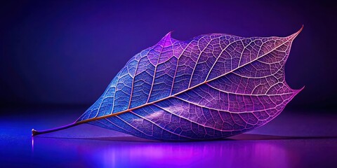 Aufkleber - A Single Leaf Illuminated by Vivid Purple and Blue Light, Revealing its Intricate Veins and Delicate Structure