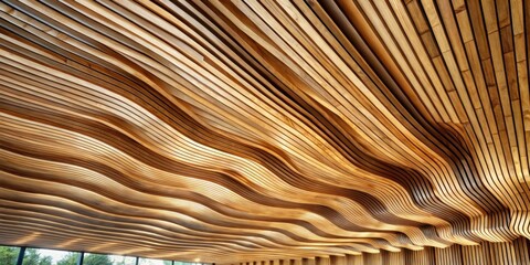 Fototapete - A ceiling made of wood strips is curved into undulating waves, creating a dynamic and interesting architectural detail.