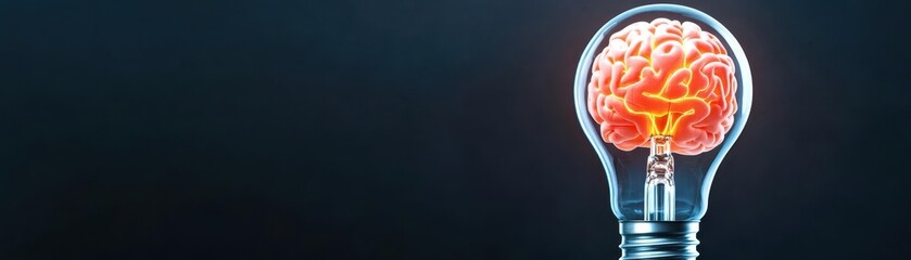 Aufkleber - Light bulb with a glowing brain inside on a dark background
