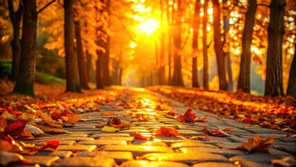 Poster - A Cobblestone Path Through an Autumn Forest, Bathed in the Golden Light of a Setting Sun