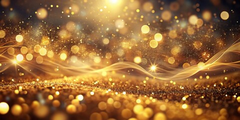 Poster - Abstract Gold Glitter and Lights Background with Soft Bokeh and Sparkling Waves