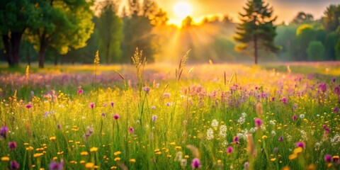 Poster - A sun-drenched meadow with vibrant wildflowers and tall grasses, bathed in the warm glow of the setting sun.