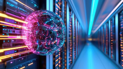 A massive quantum AI core suspended in a futuristic data center, glowing circuits pulsing as it processes trillions of operations per second
