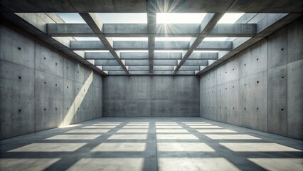 Leinwandbilder - A spacious concrete room with a geometric pattern of sunlight shining through a grid of beams above.