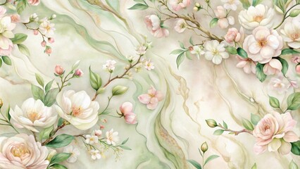 Poster - Delicate blossoms, painted in watercolor, cascade gracefully over a marble-like background, capturing the essence of floral beauty and natural elegance.
