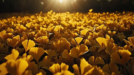 Wall Mural - ginkgo foliage, a golden carpet of autumn leaves bathed in sunlight