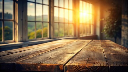 Aufkleber - Rustic wooden tabletop with blurred background of sun shining through a window overlooking a green landscape
