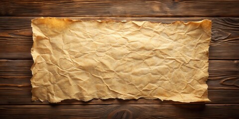 Leinwandbilder - A weathered sheet of paper, crumpled and aged, rests on a rustic wooden surface, evoking tales of forgotten memories and whispers of the past.
