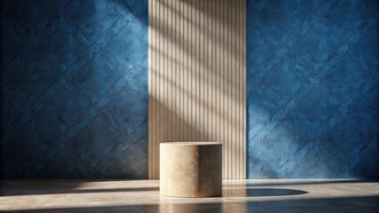 Aufkleber - A Minimalist Product Display with a Cylindrical Pedestal Set Against a Blue and Wooden Wall with Diagonal Tiles and Sunbeams