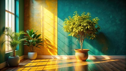 Aufkleber - Sunbeams Cast Through a Window Illuminating Two Plants in a Room with a Yellow and Green Wall