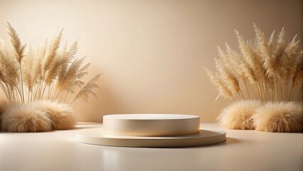 Fototapete - Minimalist Product Display with Two Layers of Platforms Surrounded by Feathery Plants and a Neutral Background