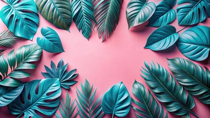 Fototapete - A vibrant arrangement of lush tropical leaves framing a soft pink background, creating a natural, textured border.