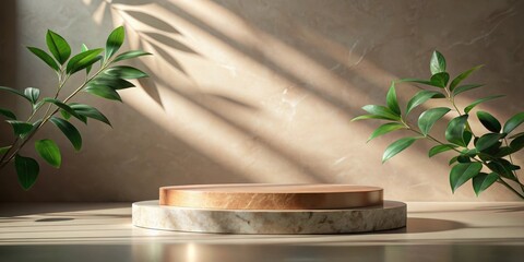 Aufkleber - A Natural Setting With A Two-Tiered Podium Displayed In Front Of A Beige Background With Sunlight Streaming In Through A Window