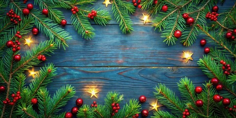 Leinwandbilder - Festive Christmas Decoration on a Blue Wooden Surface with Pine Branches, Red Berries, and Glowing Star-Shaped Lights