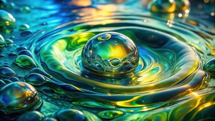 Fototapete - A single, large water droplet, suspended in a shimmering pool of liquid, creates concentric ripples in a vibrant palette of green, blue, and yellow hues.