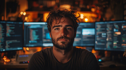 A focused programmer working late at night, illuminated by the glow of the computer screen