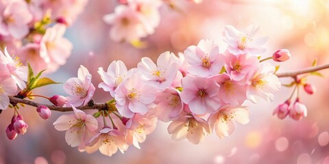 Aufkleber - Delicate Pink Blossoms Blooming on a Branch, Basking in the Warm Glow of Spring Sunlight
