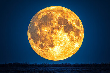 Wall Mural - large yellow moon is in the sky above a field. the moon is surrounded by a dark blue sky, and the fi