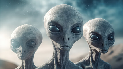Canvas Print - three aliens with big eyes and grey skin stand in a desert. they look sad and lonely. the sky is clo