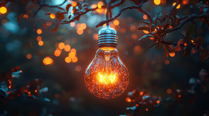 Wall Mural - light bulb hanging from a tree branch. the light bulb is lit up and glowing. the image has a warm an