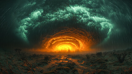 Wall Mural - large orange and green swirl in the sky. the sky is dark and the clouds are thick