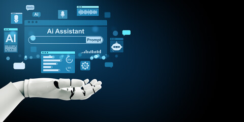 Poster - Robotic hand presenting AI Assistant interface with icons. 3D Rendering