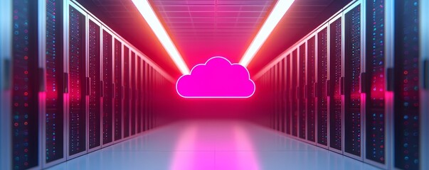 Leinwandbilder - Futuristic server room with cloud symbol and neon lights.