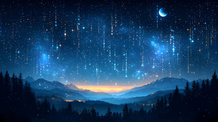 Wall Mural - celestial night sky over mountains and forest