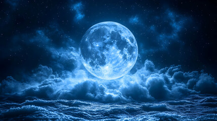 Wall Mural - Celestial Night Sky with Full Blue Moon and Clouds