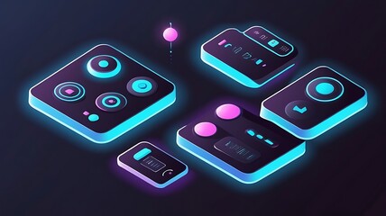 Isometric 3D navigation bar, glowing futuristic buttons