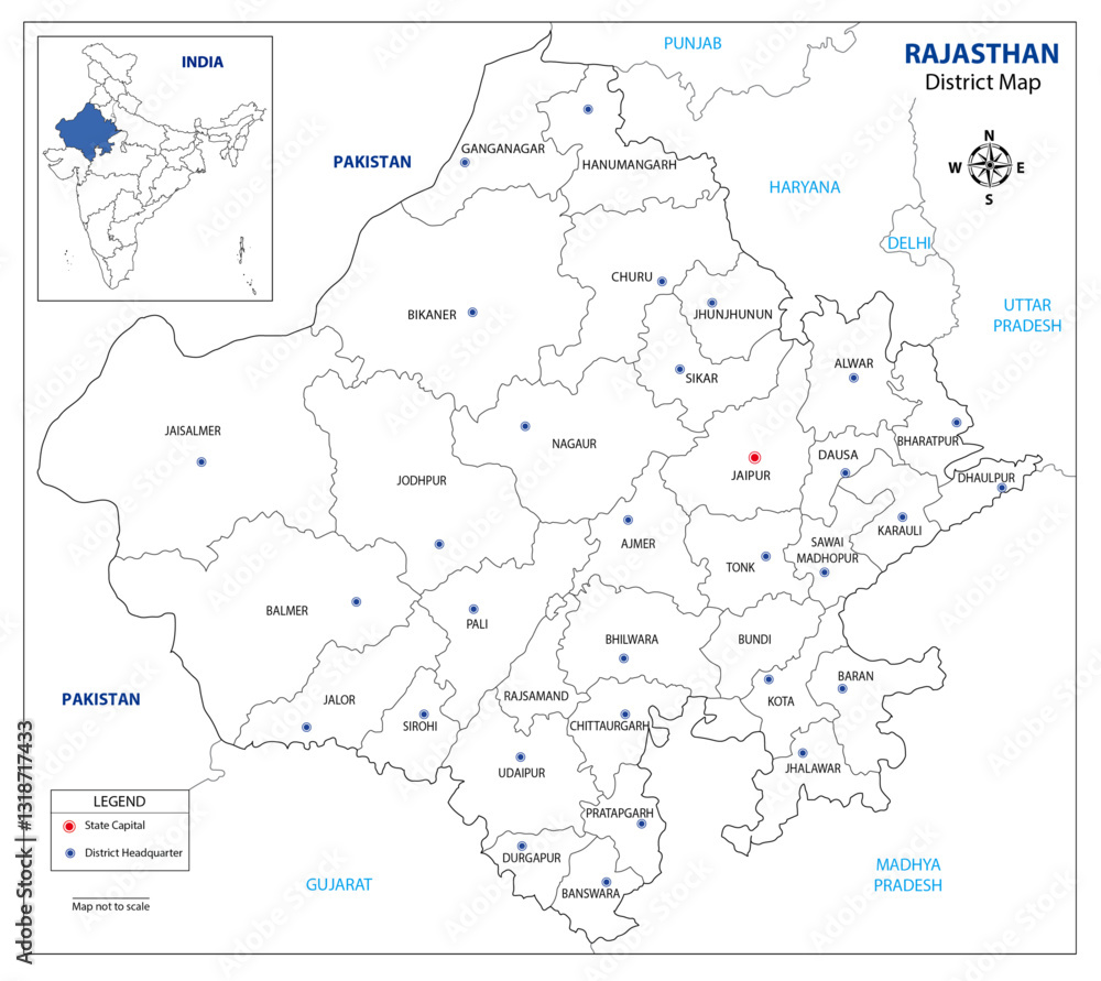 Rajasthan Map.pdf Rajasthan Map Outline with Districts Names with Legend Stock Vector ...