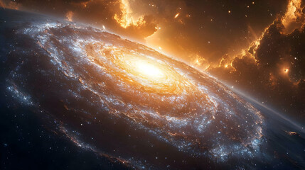Wall Mural - colliding galaxies space wallpaper: a dramatic cosmic collision of gold and orange nebulae