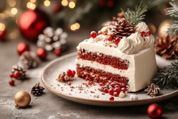 Wall Mural - delicious red velvet christmas cake with whipped cream and festive decorations