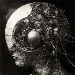 Sticker - biomechanical head: a fusion of man and machine