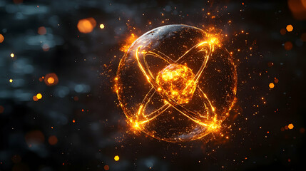 Wall Mural - Glowing Atomic Structure with Fiery Particles on Dark Background
