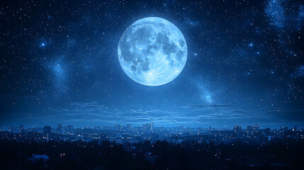 Wall Mural - pixelated blue moon over city at night