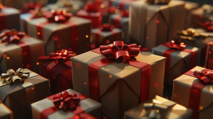 Wall Mural - a festive pile of wrapped gifts with red and gold ribbons.