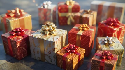 Wall Mural - many colorful wrapped gifts with bows on a table.