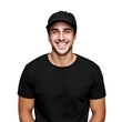 © Rasheeda - man wearing a black t-shirt and a black hat is smiling isolated on transparent background