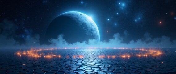 A planet with a bright light on it is surrounded by a blue sky