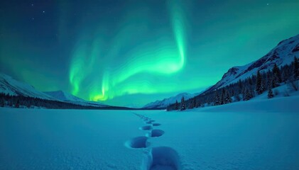Wall Mural - footprints in pristine snow under shimmering aurora borealis, luminous, northern lights