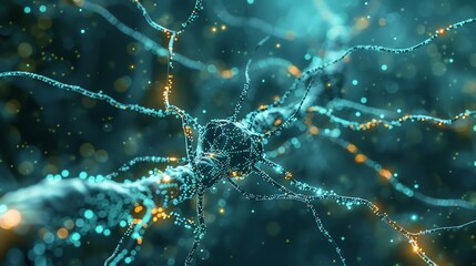 Wall Mural - abstract digital rendering of a neuron with glowing particles.