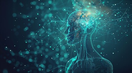 Wall Mural - a digital rendering of a human head with glowing lines and particles, representing brain activity an
