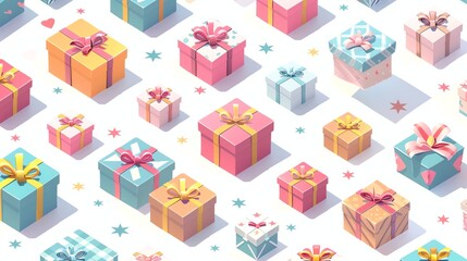 Wall Mural - a repeating pattern of colorful gift boxes with ribbons and bows on a white background.