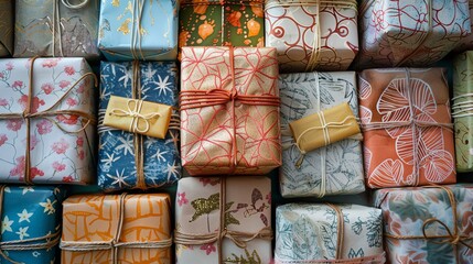 Wall Mural - a collection of wrapped gifts with colorful paper and twine.