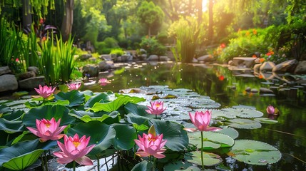 Wall Mural - pink water lilies bloom in a pond in a lush green garden.