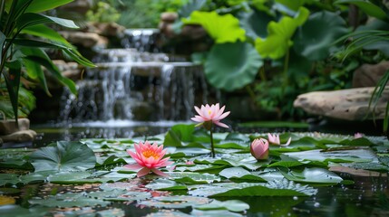 Wall Mural - water lilies and a waterfall in a pond surrounded by lush green plants.
