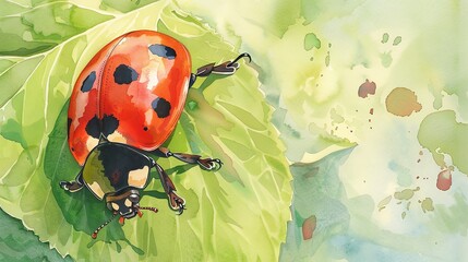 Wall Mural - watercolor painting of a ladybug on a leaf.