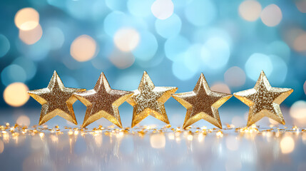 Wall Mural - row of five gold stars are placed on a white background. the stars are shiny and stand out against t