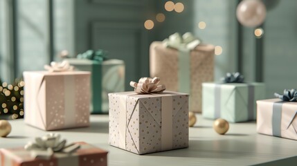 Wall Mural - a collection of wrapped presents in a room with a light background.